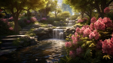 A tranquil garden oasis with blooming flowers and a babbling brook, the perfect spot for quiet contemplation.