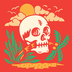 illustration of skull eat coconut tree on the beach. summer season concept