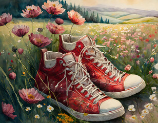 red sneakers in poppy Field. spring, hipster, teenager concept