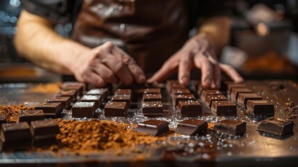 Gourmet Chocolate Making A chocolatier s hands detailing a single chocolate piece, the background a deep blur to draw attention to the precision and luxury of the product