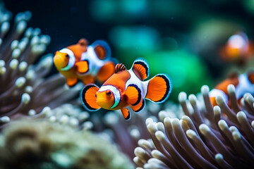 Vibrant reef fish dart among anemones in a sun-drenched aquarium