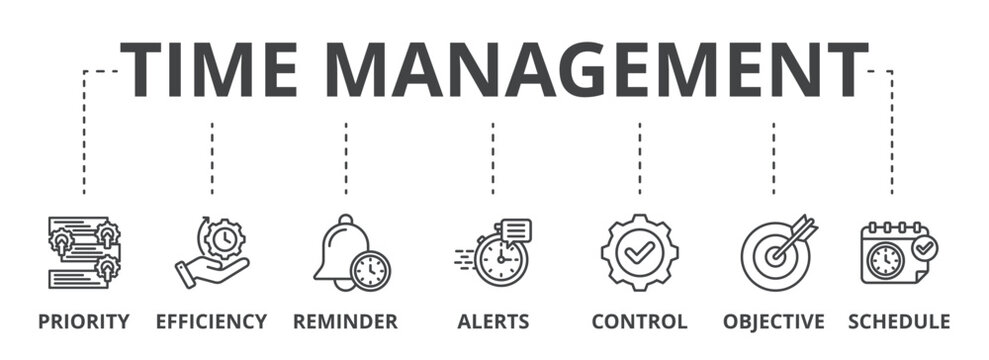 Time management concept icon illustration contain priority, efficiency, reminder, alerts, control, objective and schedule.