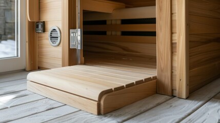 A modern indoor sauna designed with a small door and ramp for pets to easily enter and enjoy the warmth..