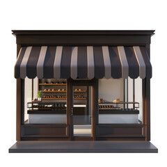 A bakery store with a black and white striped awning