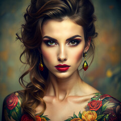 Fototapeta premium Portrait of a captivating woman with intricate floral tattoos and styled hair against a textured background