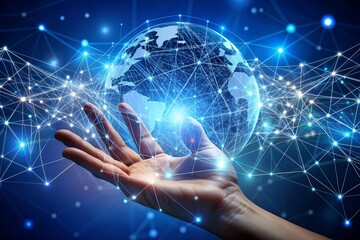 A conceptual image of a hand cradling a glowing globe with dynamic network connections representing global communication