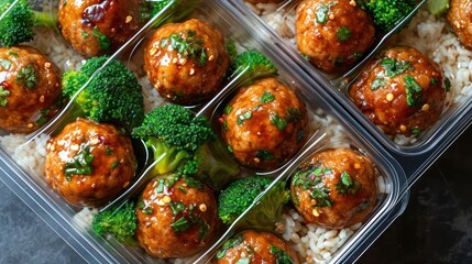 Asian style teriyaki sauce chicken meat balls with broccoli and rice prepared and put in a take away lunch boxes, view from above