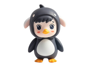 A small penguin wearing a black outfit is standing on a white background