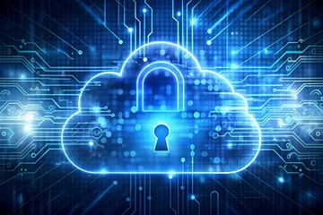 Cybersecurity visualization with a cloud icon surrounded by circuit patterns and a padlock symbol