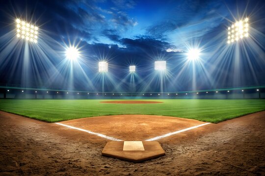 Empty and well-lit baseball field with vibrant green grass and stadium lights, ready for a game