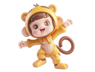 Fototapeta premium A cartoon monkey wearing a yellow outfit is smiling and waving