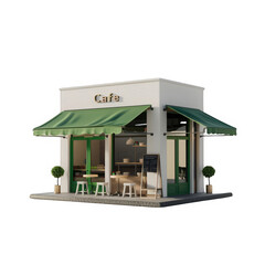 A small cafe with a green awning and a white building