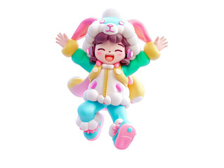 Fototapeta premium A cartoon character is jumping in the air with a rabbit hat on