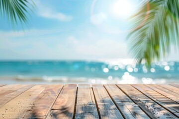 Fototapeta premium Sunny tropical beach landscape with palm trees and a wooden foreground