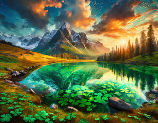 Fantastic colorful summer landscape with mountain lake clouds and snow-capped peaks at sunset