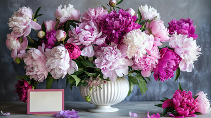 Exquisite Pink and White Peonies in Classic White Vase with Blank Greeting Card