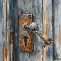 Realistic watercolor depiction of a shiny key being inserted into a door lock, emphasizing the details and metallic texture