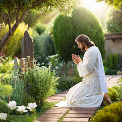 Jesus praying in a garden
