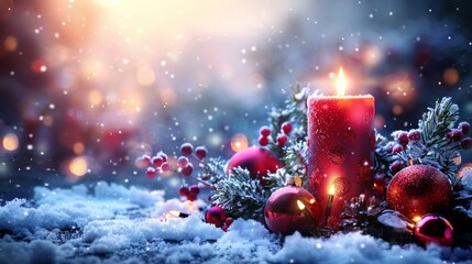 A beautiful Christmas still life with a red candle, ornaments, and holly in the snow.