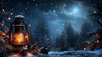 A beautiful winter night scene with a lantern in the snow.