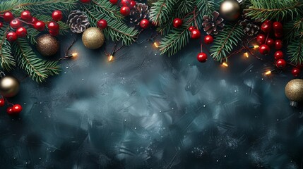 Christmas and New Year composition with fir branches, pine cones, and red berries on a dark background.