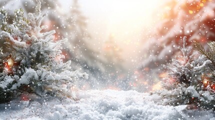 A beautiful winter scene with snow-covered fir trees and a snowy ground. Perfect for a Christmas or holiday background.