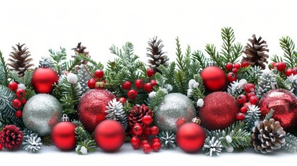 Red and silver Christmas ornaments with frosted greenery and berries on white background.