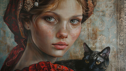 Portrait of a Noble Girl and Her Cat in the Middle Ages - obrazy, fototapety, plakaty
