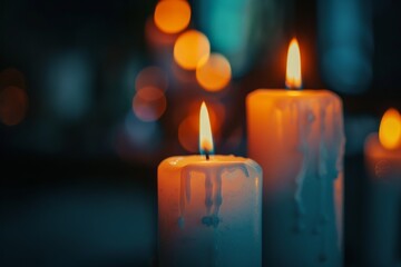 Lit candles with bokeh on a dark background