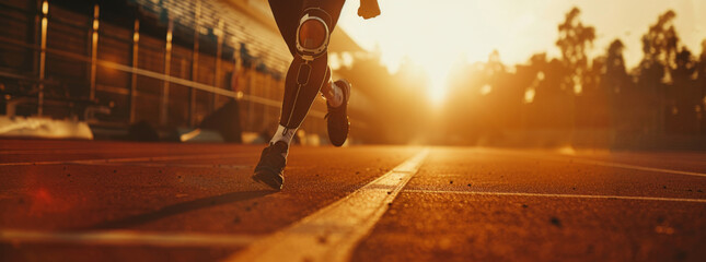 An amputee runner with a prosthetic leg running on the track at a stadium, close up shot with a blurred background, golden hour lighting, low angle shot from a wide lens, cinematic look