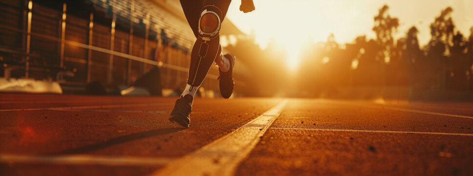 An amputee runner with a prosthetic leg running on the track at a stadium, close up shot with a blurred background, golden hour lighting, low angle shot from a wide lens, cinematic look