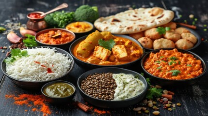 Curry, butter chicken, rice, lentils, paneer, samosa, naan, chutney, spices. Bowls and plates with indian food