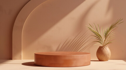 A small, round, brown pedestal with a vase of palm leaves on top of it