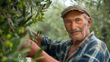 A farmer proudly showing off his familys olive grove passed down for generations and known for producing topquality olive oil.