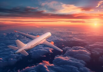Commercial Airplane Flying Over Clouds at Sunset Sky Travel Background