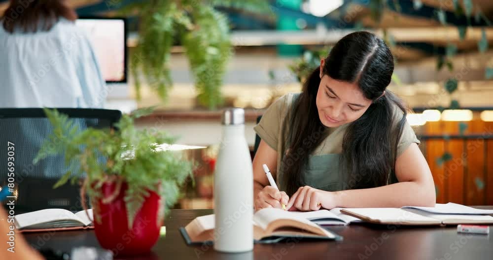 Poster student, woman and studying in library with textbook, notes and highlight for exam preparation. educ