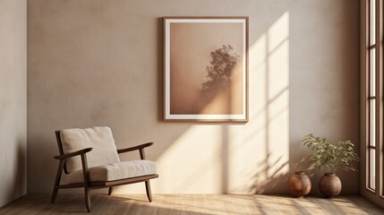 A scene bathed in calming terracotta tones, showcasing a simple beige chair and an empty frame against a subtle-colored wall. 