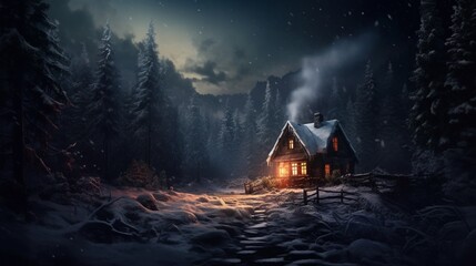  secluded cabin tucked away in a snow-covered forest, smoke rising from the chimney into the crisp winter air.