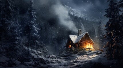  secluded cabin tucked away in a snow-covered forest, smoke rising from the chimney into the crisp...