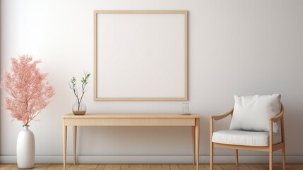  A serene corner office with sleek furnishings and a white blank frame mockup on the wall, offering a tranquil retreat for focused work 