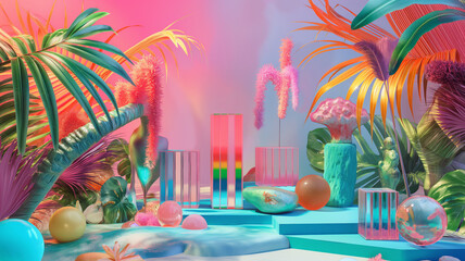 Obraz premium Electric dream forest, fairy garden. Colorful tropical leaves. vivid summer foliage. Abstract Utopia spring elements, 3d podium 