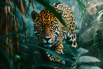 Stealthy Jaguar Moving Through Dense Greenery, Intense Stare Captured in Natural Habitat