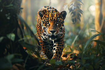Stealthy Jaguar Moving Through Dense Greenery, Intense Stare Captured in Natural Habitat