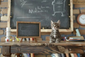adorable kitten learning in classroom with chalkboard 3d illustration