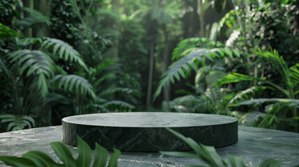 A stone pedestal in a lush jungle setting