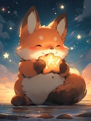 A red cute fox cud on a beach at the dusk, holding a glowing star, cartoon illustration, greeting card - obrazy, fototapety, plakaty