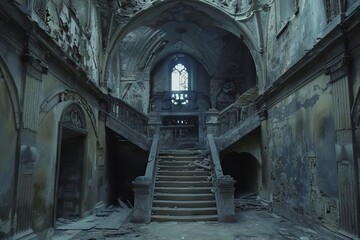 atmospheric abandoned stone building interior intricate architectural details