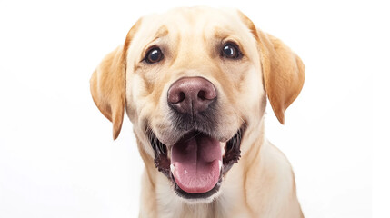 Portrait of a blond Labrador retriever dog looking at the camera with a big happy smile isolated on a white background ,