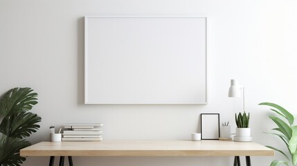 A sleek desk in a modern office space, bathed in natural light, with a white blank frame mockup on the wall behind it.