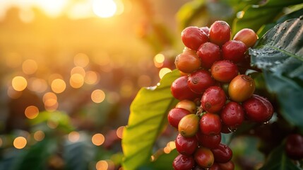 Grow coffee beans Plant coffee tree Hand care and watering the trees Evening light in nature